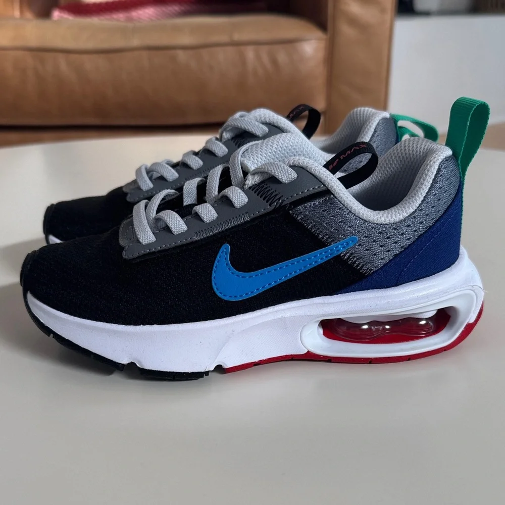 Nike Kids Black Blue Gray Sneakers with Red Air Detail